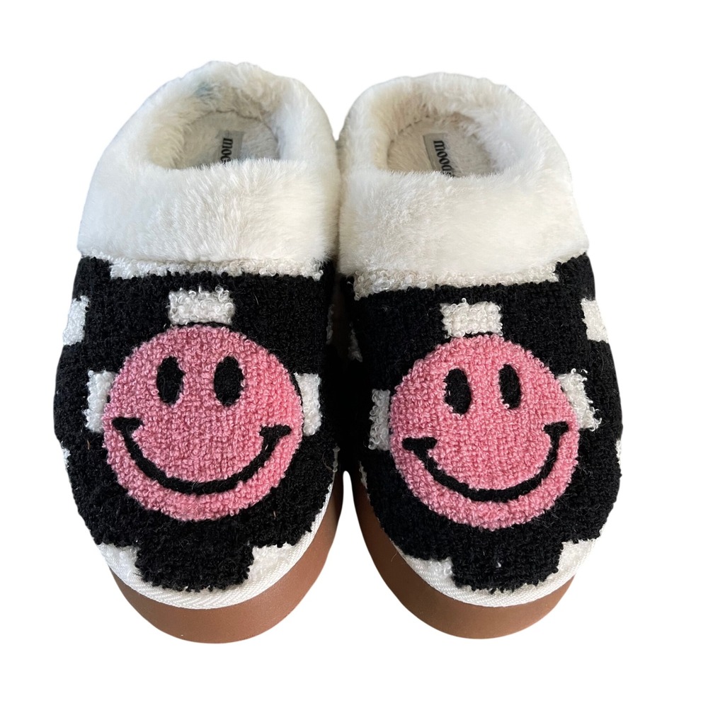 Moodpop Cow Print Smiley Face Slippers Women M(7/8) Black Pink Platform Kidcore